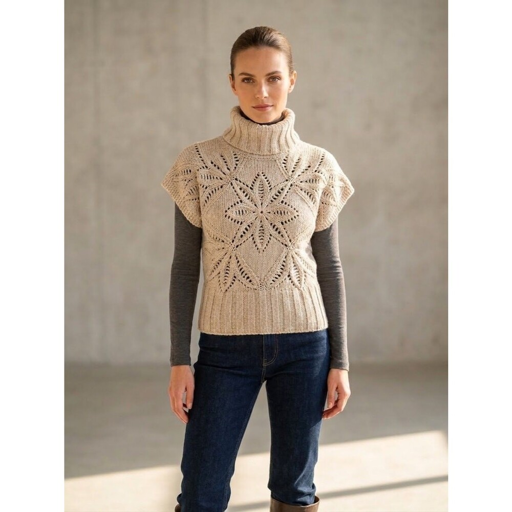 Vintage Moda Int. VS Beige Open-Knit Turtleneck Sleeveless Sweater L Y2K (NWOT)